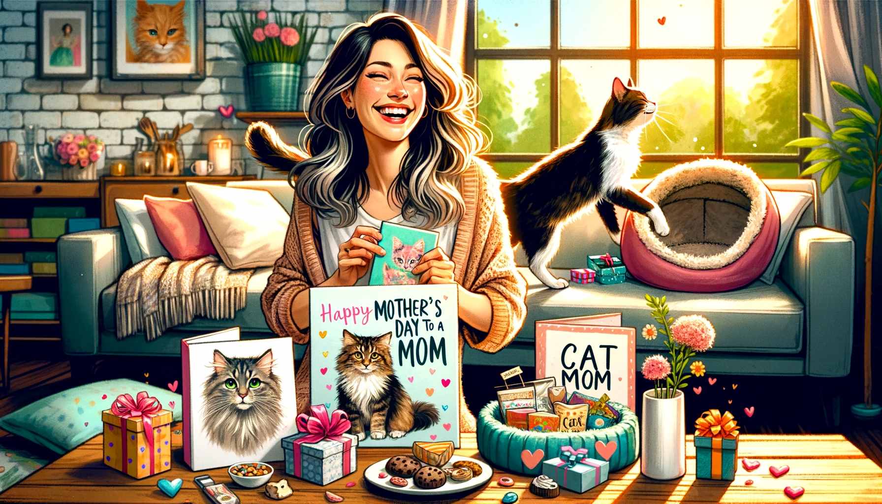 A cheerful scene of a woman opening Mother's Day gifts specifically curated for a cat mom, set in a cozy living room. The woman, in her 30s